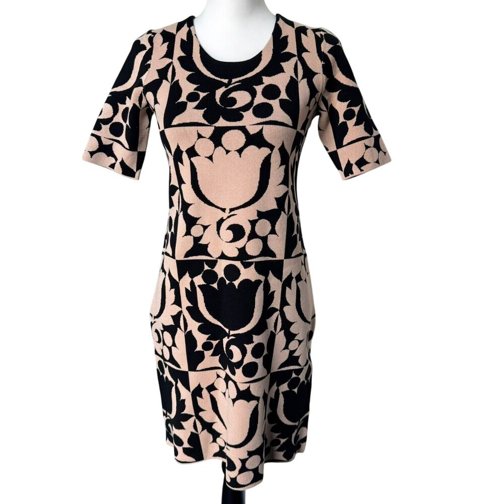 ANN‎ TAYLOR NWT Small Petite Black Tan Short Sleeve Floral Mod Print Midi Dress